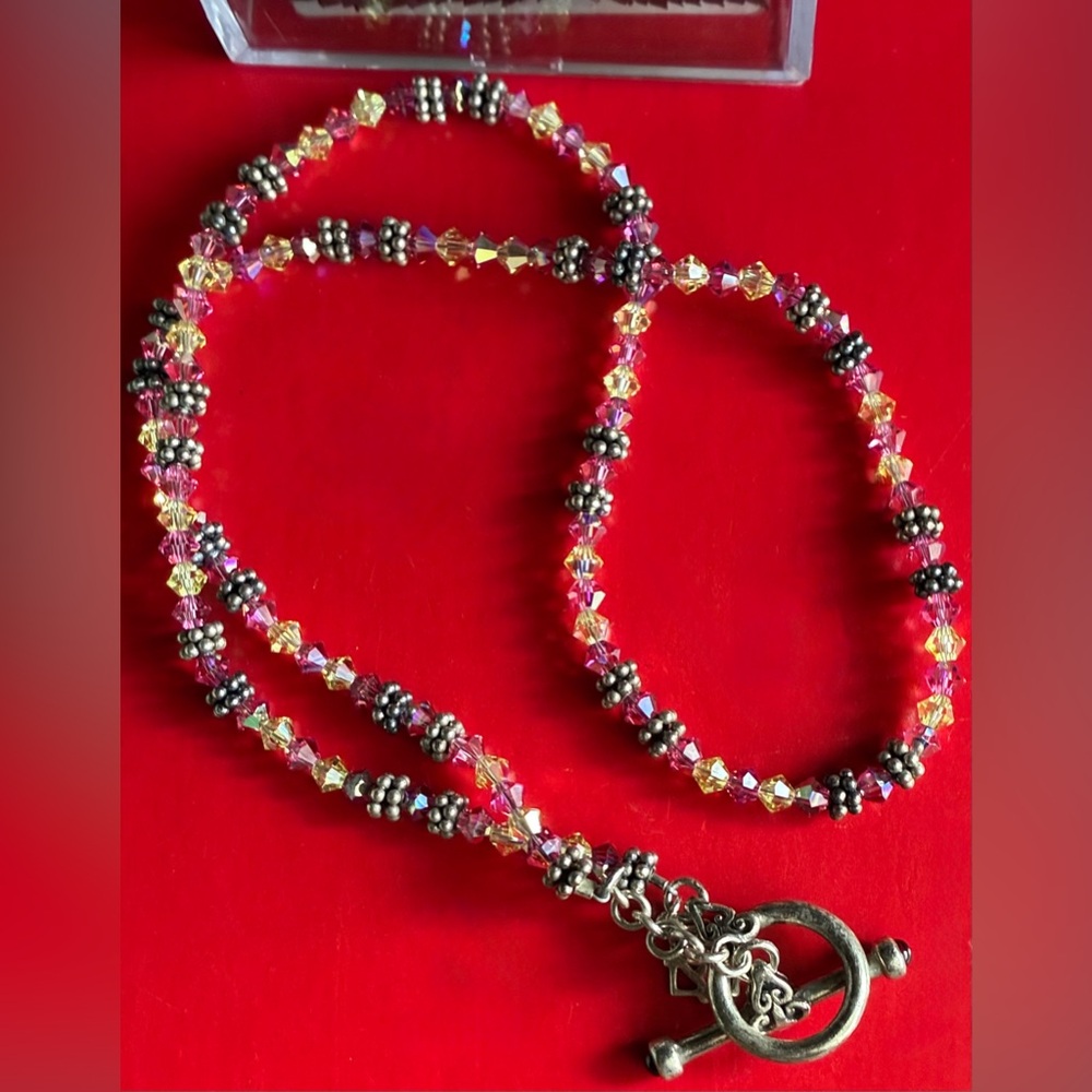 925 Silver Necklace,Pink and Yellow Crystal Bead Necklace with Silver Accents - Picture 8 of 10